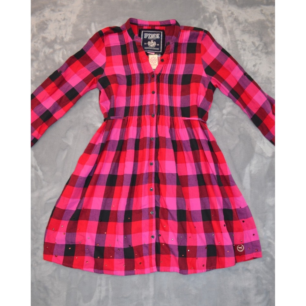 Victoria's Secret PINK Plaid Flannel Tunic Shirt Womens S Roll Tab Sleeves Nwt's